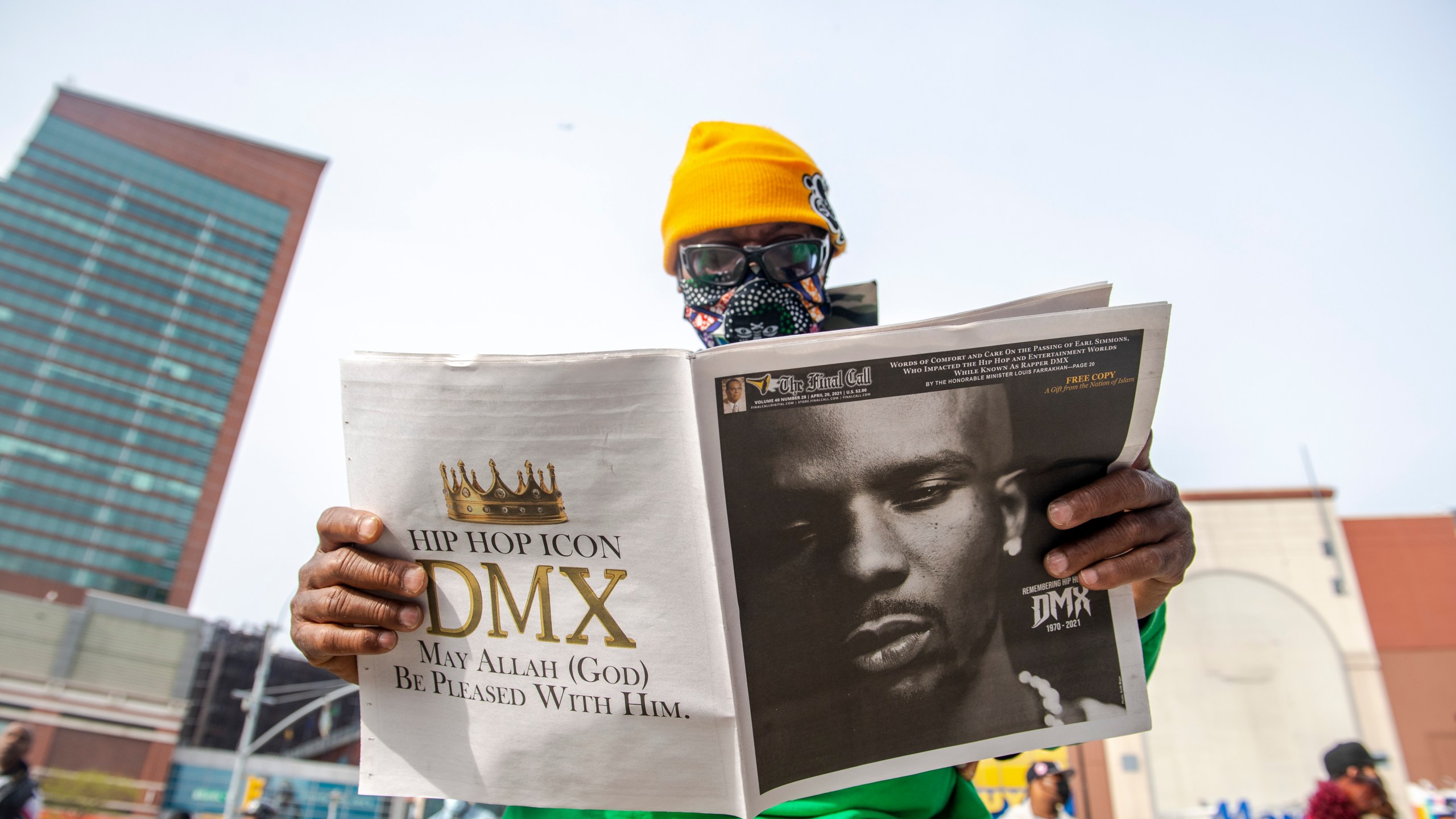 People gather for a "Celebration of Life Memorial" for rapper DMX at Barclays Center, Saturday, April. 24, 2021, in the Brooklyn borough of New York. DMX, whose birth name is Earl Simmons, died April 9 after suffering a "catastrophic cardiac arrest." (AP Photo/Brittainy Newman)