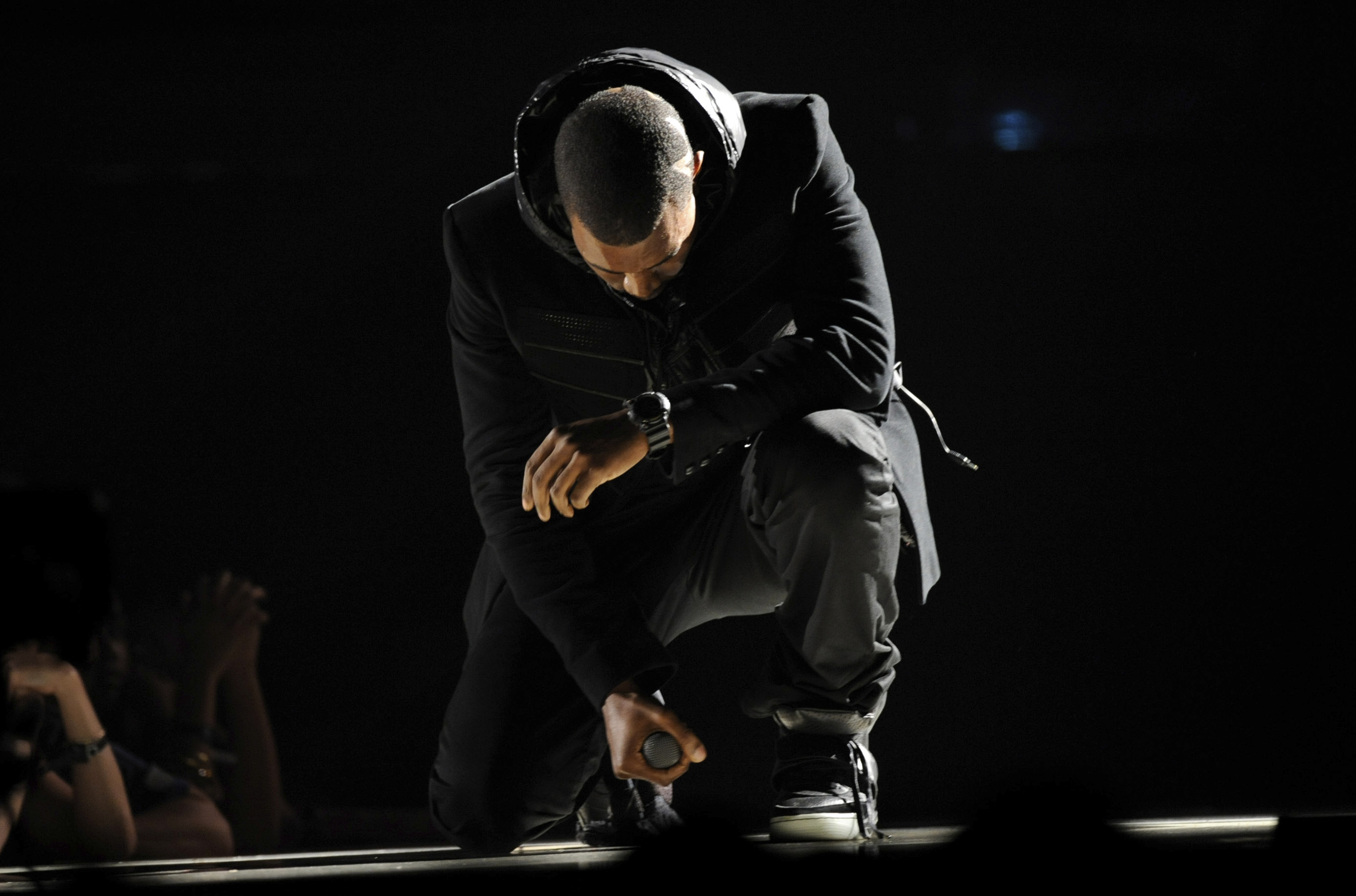 Kanye West performs at the 50th Annual Grammy Awards in Los Angeles on Feb. 10, 2008. The Nike Air Yeezy 1 Prototypes worn by West during his performance were acquired for $1.8 million by social investing platform Rares. (AP Photo/Kevork Djansezian, File)