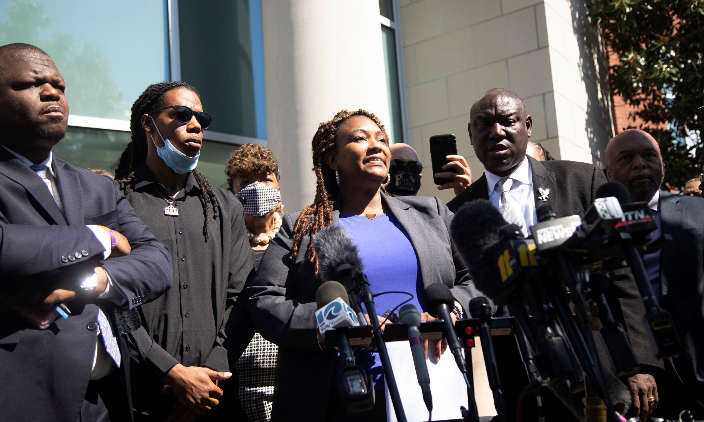 Attorney Chantel Cherry-Lassiter speaks outside the Pasquotank County Public Safety building in Elizabeth City, N.C. Monday April 26, 2021, after viewing 20 seconds of police body camera video. (Travis Long/The News & Observer via AP)