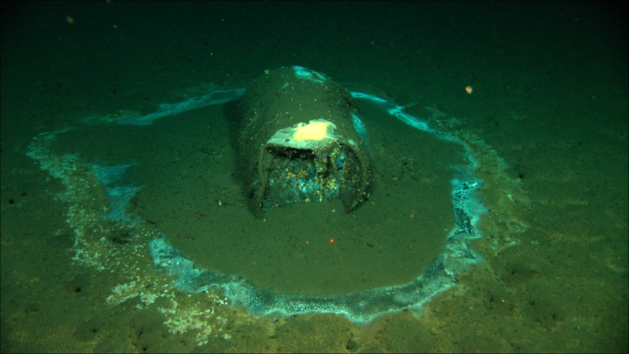 In this 2011 image provided by the University of California Santa Barbara, a barrel sits on the seafloor near the coast of Catalina Island, Calif. Marine scientists say they have found what they believe to be as many as 25,000 barrels that possibly contain DDT dumped off the Southern California coast near Catalina Island. (David Valentine/UC Santa Barbara / RV Jason via AP)