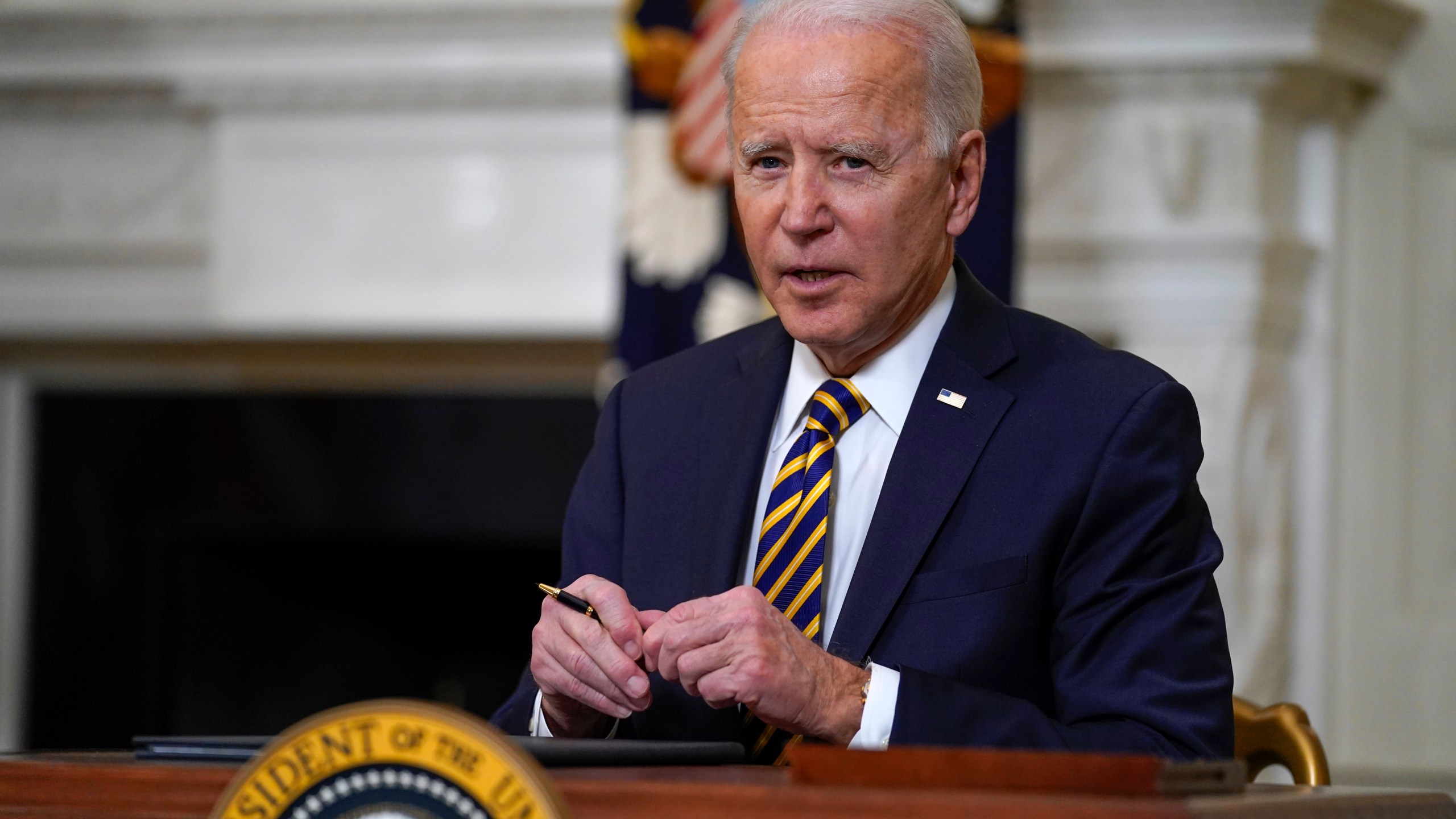 In this Feb. 24, 2021, file photo, President Joe Biden pauses after signing an executive order relating to U.S. supply chains, in the State Dining Room of the White House in Washington. (AP Photo/Evan Vucci, File)