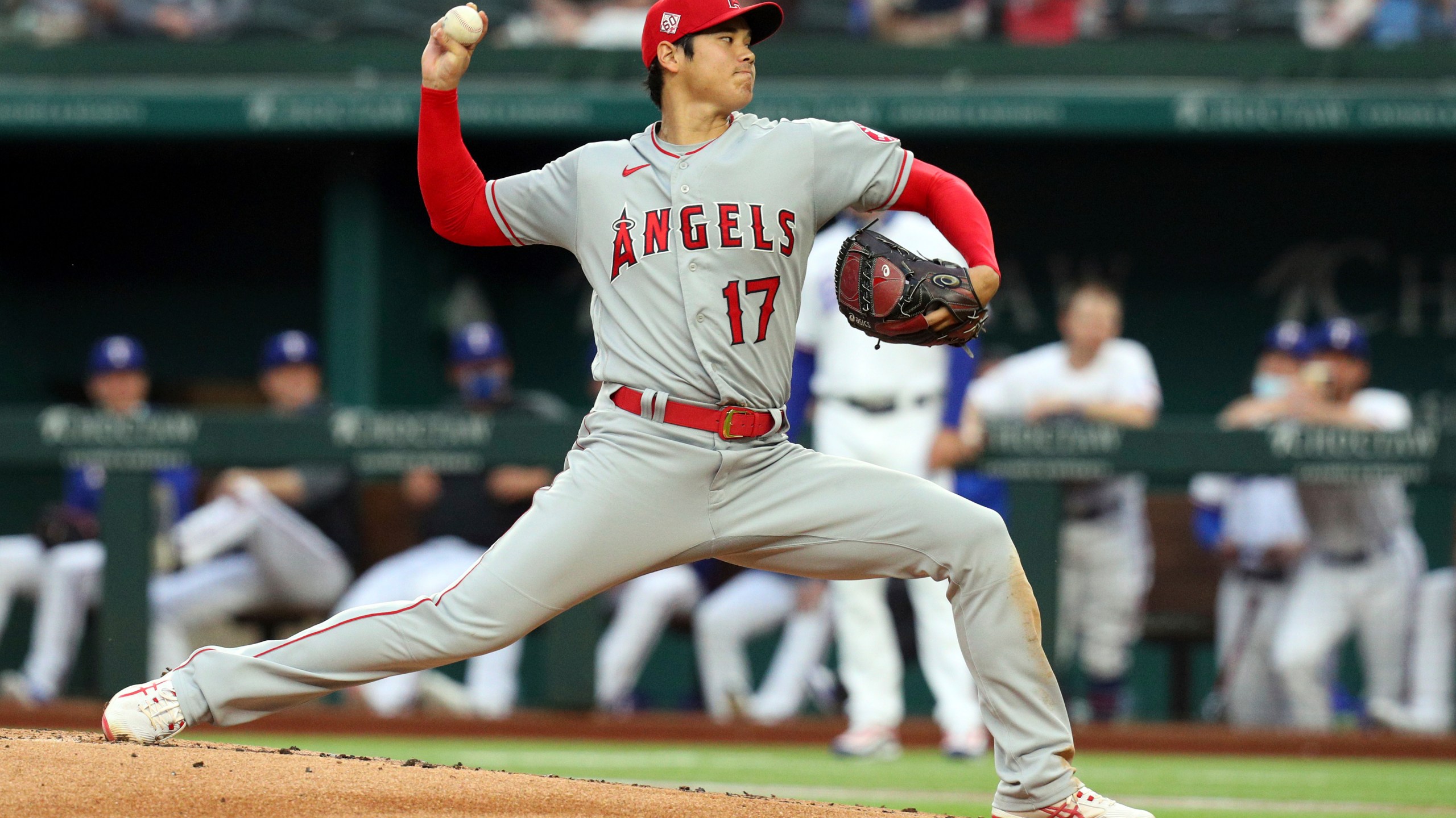 Los Angeles Angels starting pitcher Shohei Ohtani works the first inning during a baseball game against the Texas Rangers in Arlington, Texas, on April 26, 2021. (Richard W. Rodriguez / Associated Press)