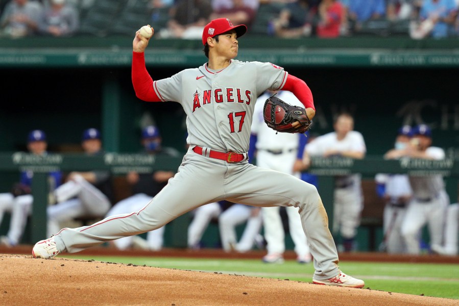 Los Angeles Angels starting pitcher Shohei Ohtani works the first inning during a baseball game against the Texas Rangers in Arlington, Texas, on April 26, 2021. (Richard W. Rodriguez / Associated Press)