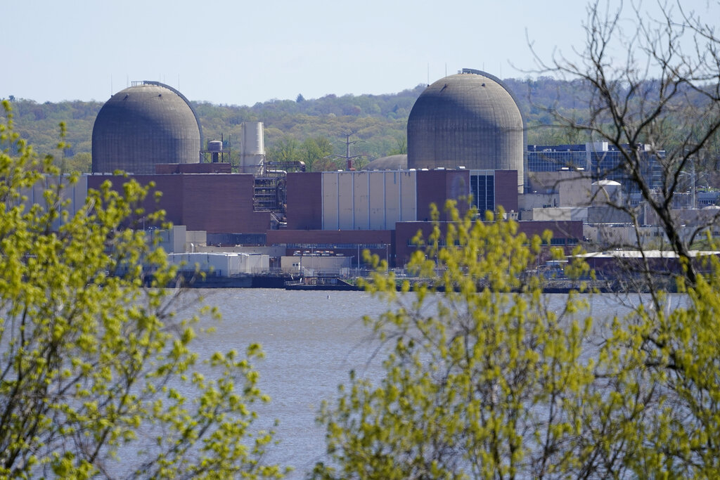 Indian Point Energy Center is seen on the Hudson River in Buchanan, N.Y., Monday, April 26, 2021. (AP Photo/Seth Wenig)