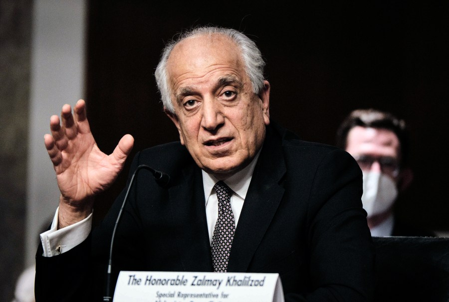 Zalmay Khalilzad, special envoy for Afghanistan Reconciliation, testifies before the Senate Foreign Relations Committee on Capitol Hill in Washington on April 27, 2021, during a hearing on the Biden administration's Afghanistan policy and plans to withdraw troops after two decades of war. (T.J. Kirkpatrick/The New York Times via AP, Pool)