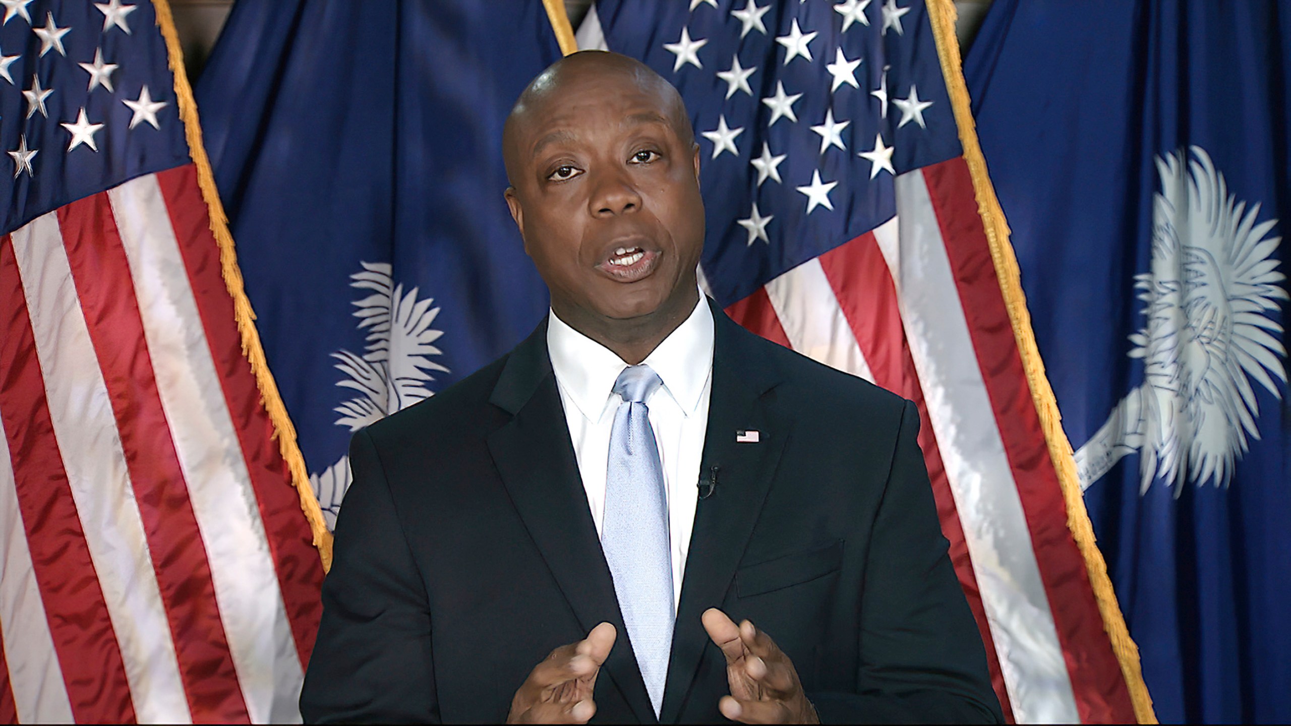 In this image from Senate Television video, Sen. Tim Scott, R-S.C., delivers the Republican response to President Joe Biden's speech to a joint session of Congress on April 28, 2021, in Washington.