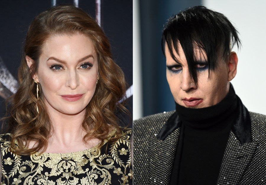 In this combination photo, actress Esmé Bianco appears at HBO's "Game of Thrones" final season premiere in New York on April 3, 2019, left, and musician Marilyn Manson appears at the Vanity Fair Oscar Party in Beverly Hills, Calif. on Feb. 9, 2020. (Photos by Evan Agostini/Invision/AP)