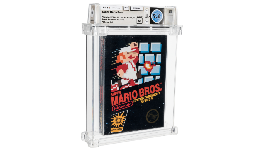 This photo provided by Heritage Auctions, shows an unopened copy of Nintendo's Super Mario Bros., purchased in 1986 and then forgotten about in a desk drawer for decades that has sold for $660,000 at auction. Heritage Auctions in Dallas said the video game sold Friday, April 2, 2021. (Emily Clements/Heritage Auctions via AP)