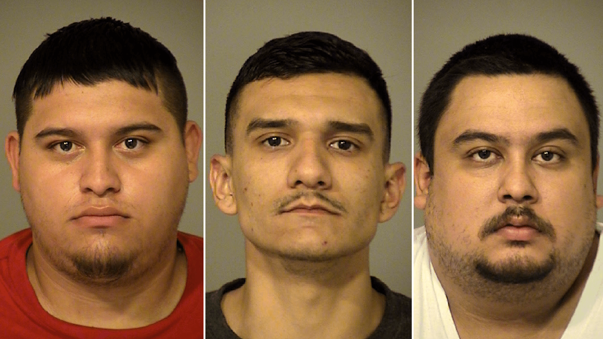 Larry Garcia, 21, Byron Lopez, 22, and Luis Bidriezca, 25, are seen in booking photos provided by the Ventura County Sheriff’s Office.