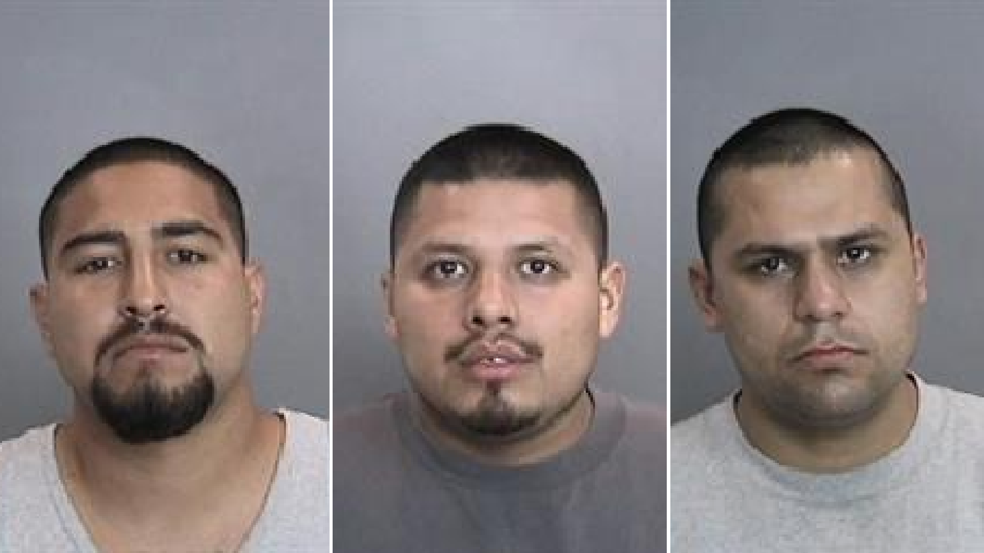 Dominick Sanchez, 27, Jacob Antunez, 24, and Jorge Nolasco, 27, are seen in undated booking photos provided by the Anaheim Police Department on April 16, 2021.