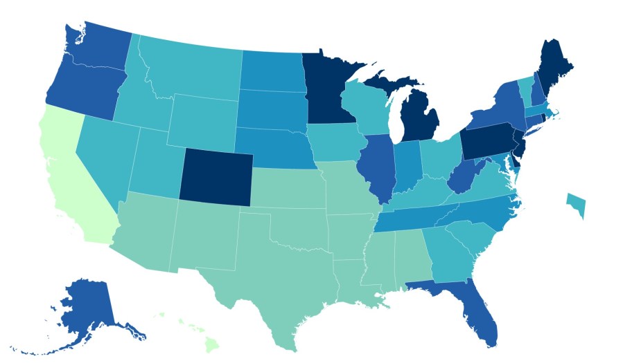 This map from the Centers for Disease Control and Prevention shows the variation in case rates across the U.S. as of April 27, 2021. States with the highest rates are the darkest shades while those with the lowest case rates are the lightest. California has the lowest case rate in the country: 33 new daily cases per 100,000 people. So it is a soft green color, the lightest shade. This category is for states with less than 36.9 new daily cases per 100,000 people. Hawaii is also the same shade, but falls just behind California, reporting 36.9 cases per 100,000.