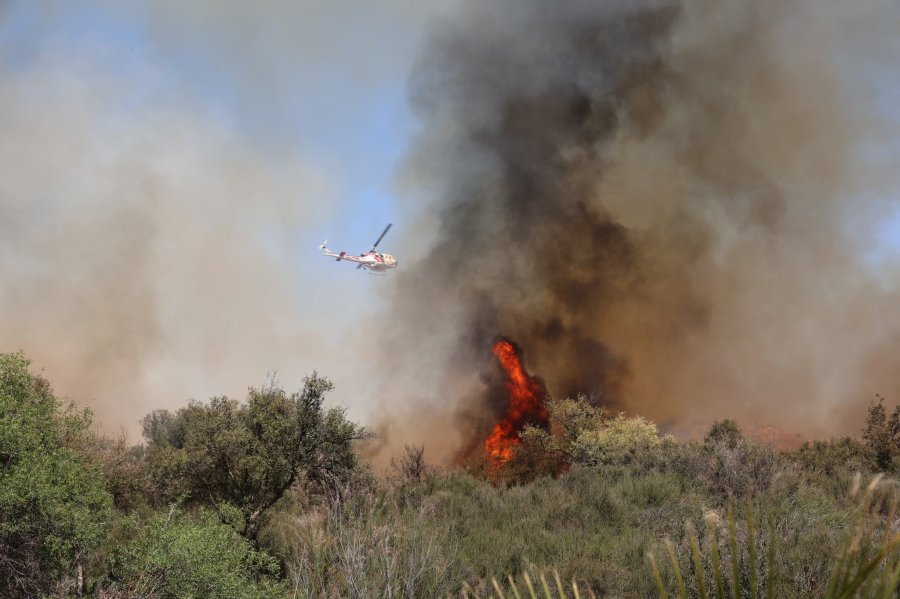 The Chico Fire burns in Riverside County, southwest of Mead Valley, on April 19, 2020, in a photo released by Cal Fire Riverside.