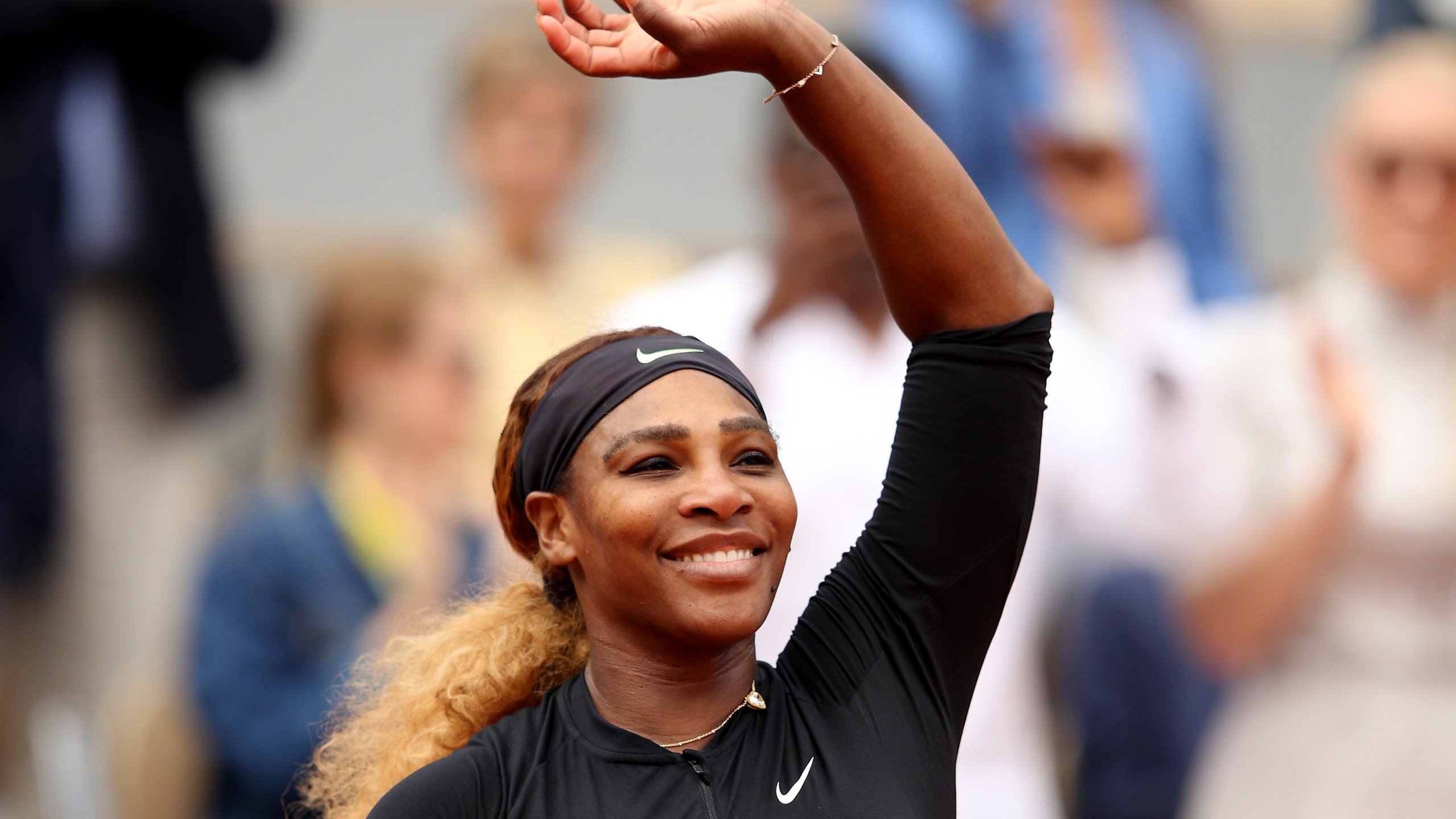 Serena Williams of The United States celebrates victory during her ladies singles first round match against Kurumi Nara of Japan during day five of the 2019 French Open at Roland Garros on May 30, 2019, in Paris, France. (Adam Pretty/Getty Images)