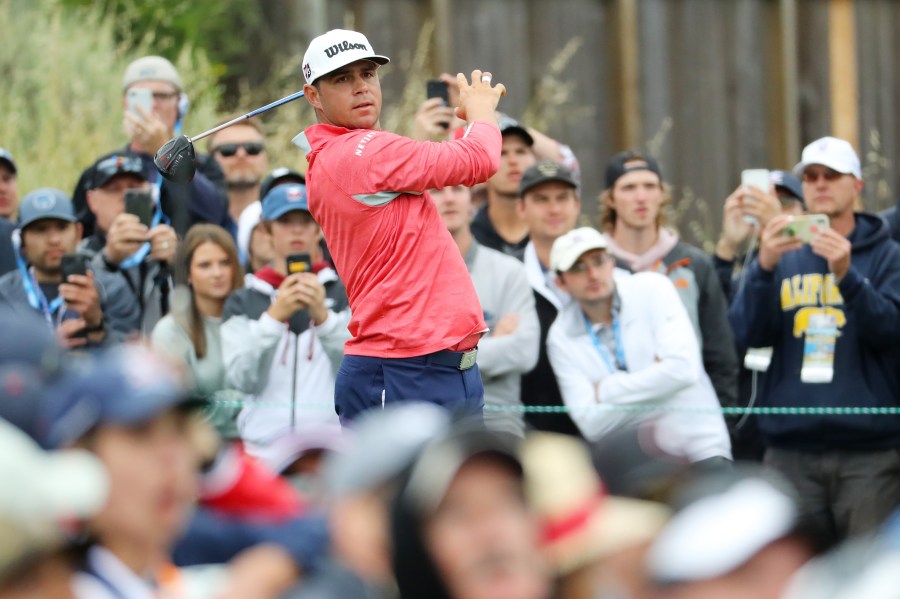 Gary Woodland of the United States plays a shot from the 13th tee during the final round of the 2019 U.S. Open at Pebble Beach Golf Links on June 16, 2019, in Pebble Beach, Calif. (Warren Little/Getty Images)