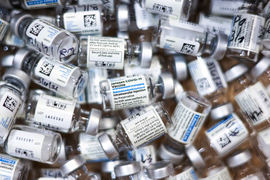 Used vials of the Johnson & Johnson COVID-19 vaccine sit in a box at an event put on by the Thornton Fire Department on March 6, 2021 in Thornton, Colorado. (Michael Ciaglo/Getty Images)