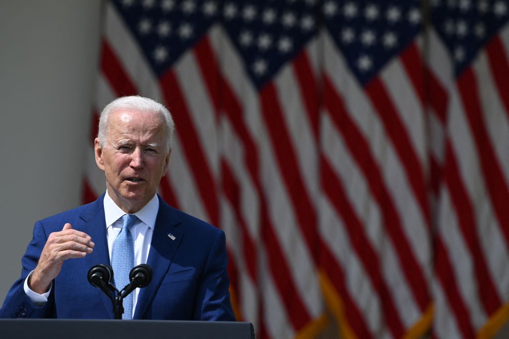 President Joe Biden speaks in the Rose Garden of the White House in Washington, DC, on April 8, 2021. (BRENDAN SMIALOWSKI/AFP via Getty Images)