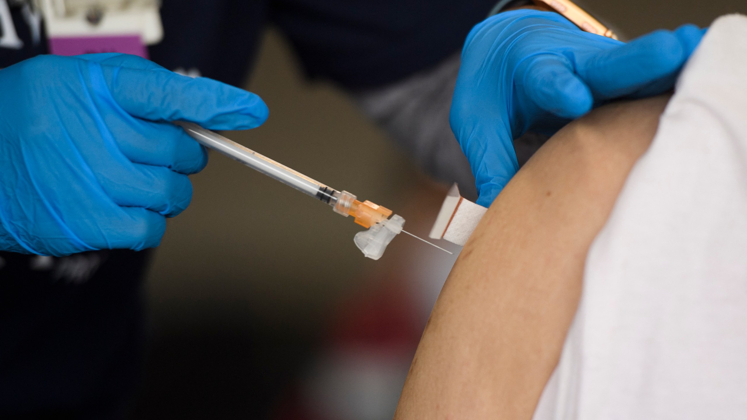 A registered nurse administers a dose of the Moderna COVID-19 vaccine at a pop-up vaccination site at the Dae Hueng Presbyterian Church in Gardena on April 17, 2021. (Patrick T. Fallon / AFP / Getty Images)