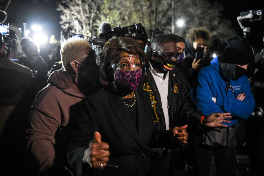 Rep. Maxine Waters speaks to the media during an ongoing protest at the Brooklyn Center Police Department in Brooklyn Centre, Minnesota on April 17, 2021. (CHANDAN KHANNA/AFP via Getty Images)