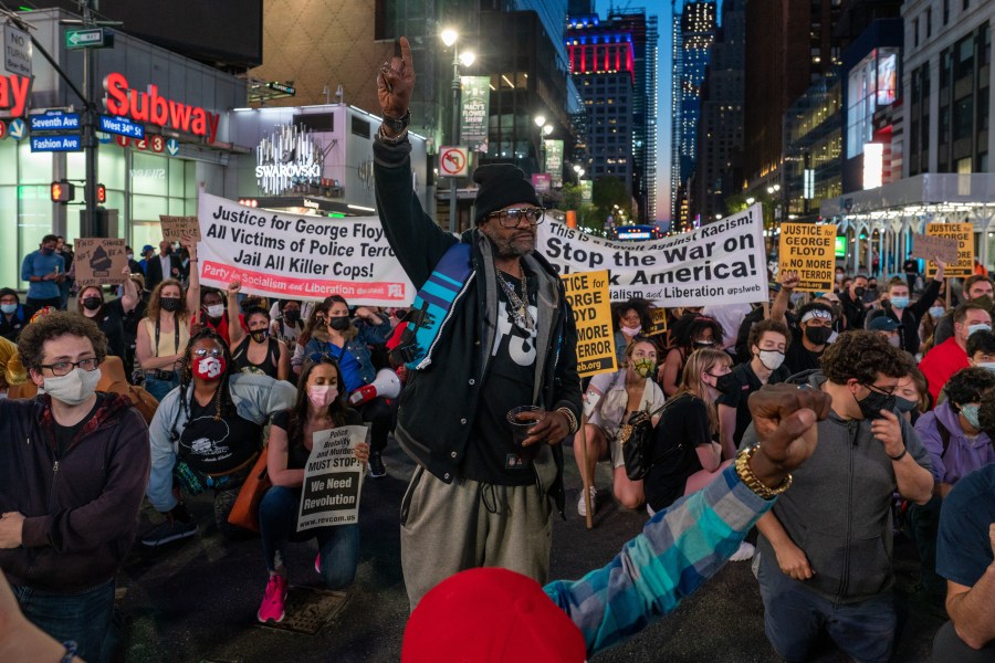 People take to the streets in New York City following the guilty verdict in Derek Chauvin's murder trial on April 20, 2021. (David Dee Delgado / Getty Images)