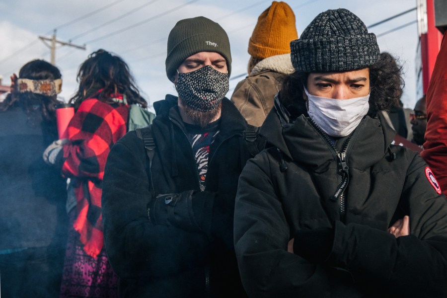 People gather at the intersection of 38th Street and Chicago Avenue in Minneapolis following the guilty verdict in Derek Chauvin’s murder trial on April 20, 2021. (Brandon Bell / Getty Images)