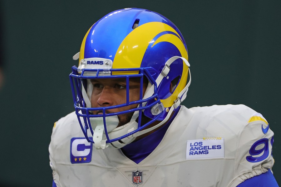 Aaron Donald of the Los Angeles Rams participates in warmups prior to the NFC Divisional Playoff game against the Green Bay Packers at Lambeau Field on January 16, 2021 in Green Bay, Wisconsin. (Stacy Revere/Getty Images)