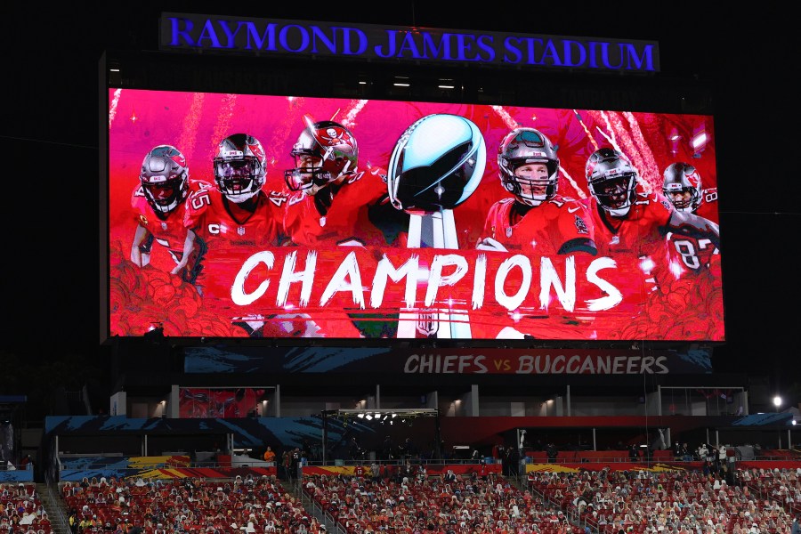 The scoreboard is seen after the Tampa Bay Buccaneers defeated the Kansas City Chiefs in Super Bowl LV at Raymond James Stadium in Tampa, Florida, on Feb. 7, 2021. (Patrick Smith / Getty Images)