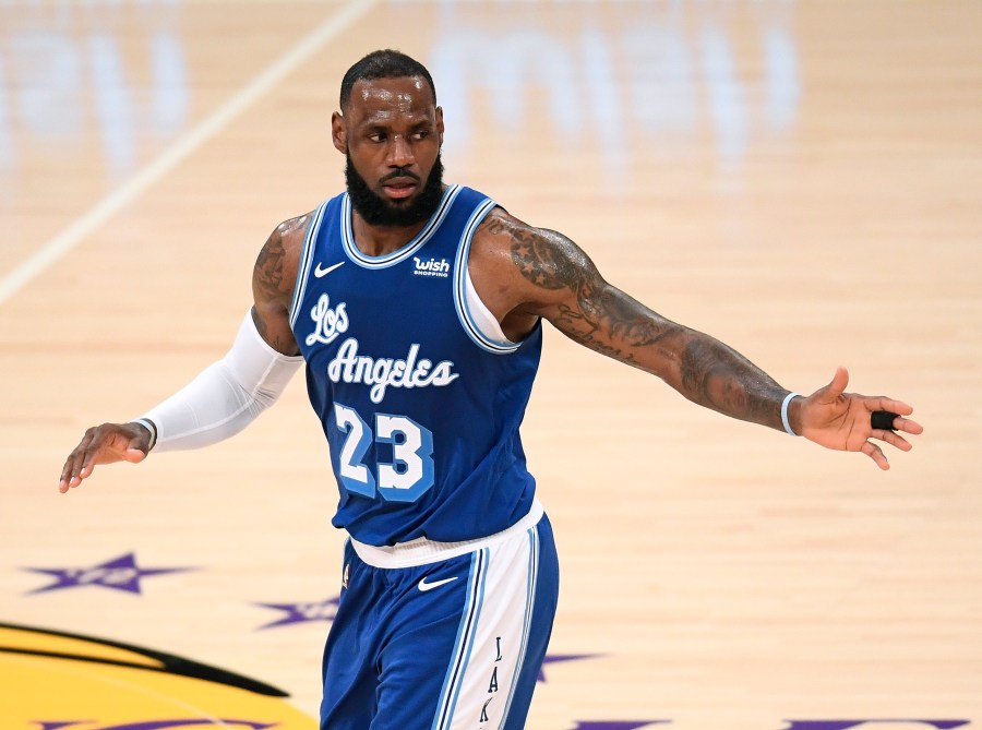 LeBron James #23 of the Los Angeles Lakers reacts to a basket during a 137-121 Lakers win over the Minnesota Timberwolves at Staples Center on March 16, 2021. (Harry How/Getty Images)