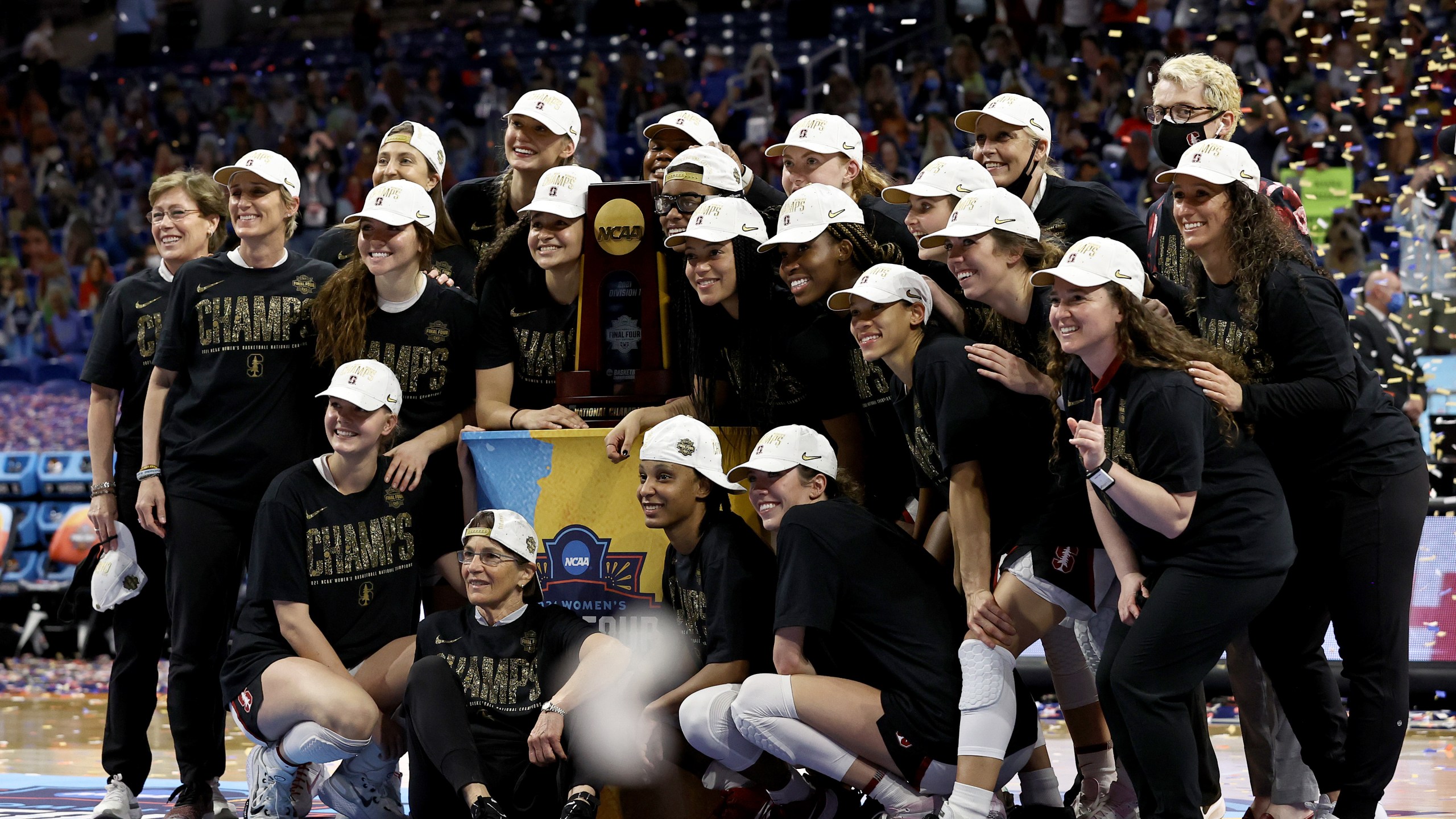 Members of the Stanford Cardinals celebrate a win against the Arizona Wildcats in the National Championship game of the 2021 NCAA Women's Basketball Tournament at the Alamodome on April 04, 2021 in San Antonio, Texas. (Elsa/Getty Images)