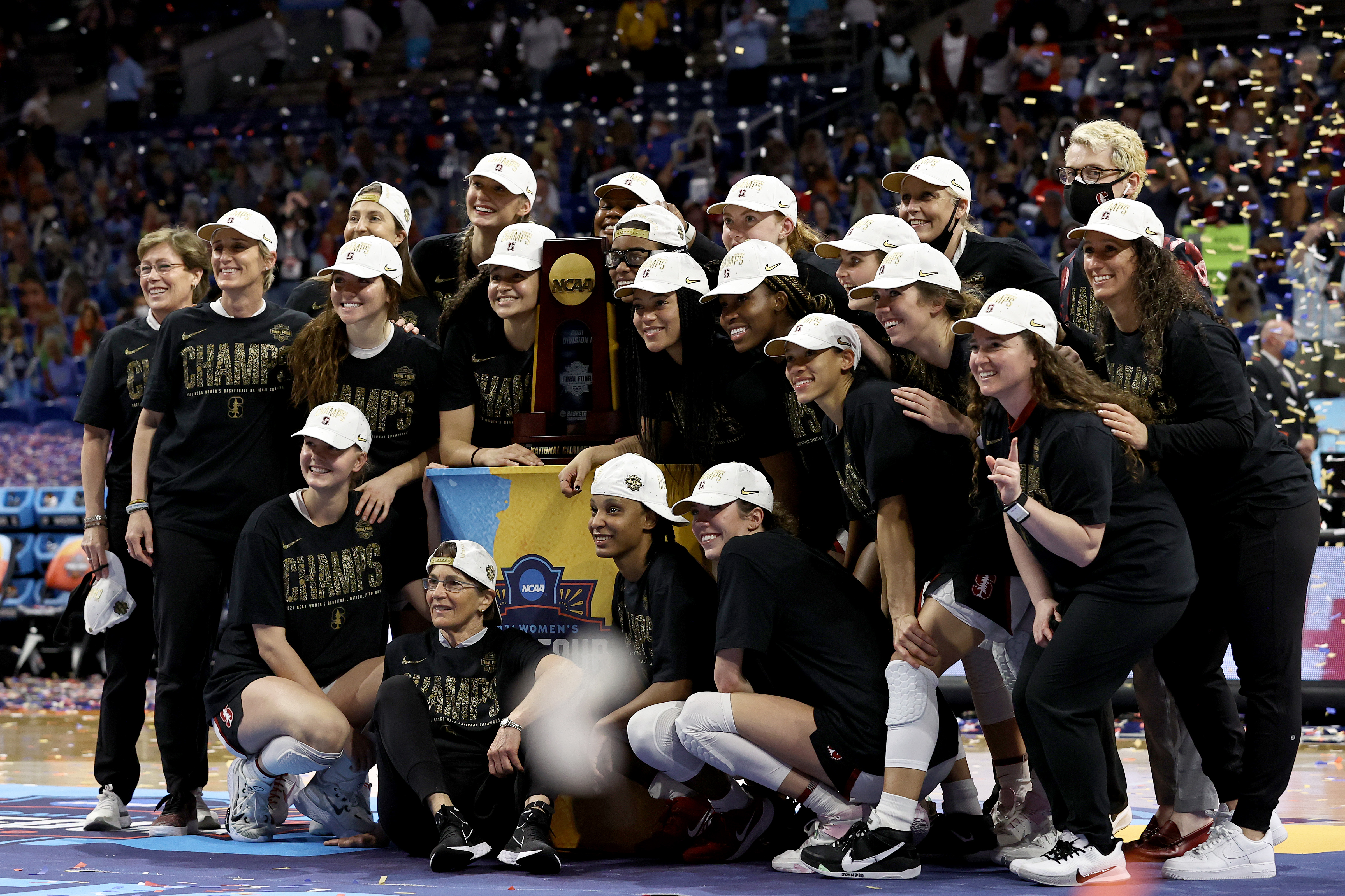 Members of the Stanford Cardinals celebrate a win against the Arizona Wildcats in the National Championship game of the 2021 NCAA Women's Basketball Tournament at the Alamodome on April 04, 2021 in San Antonio, Texas. (Elsa/Getty Images)