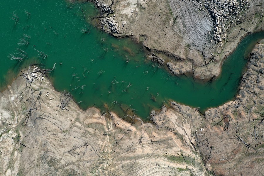 In an aerial view, low water levels are visible at Lake Oroville on April 27, 2021 in Oroville. (Justin Sullivan/Getty Images)