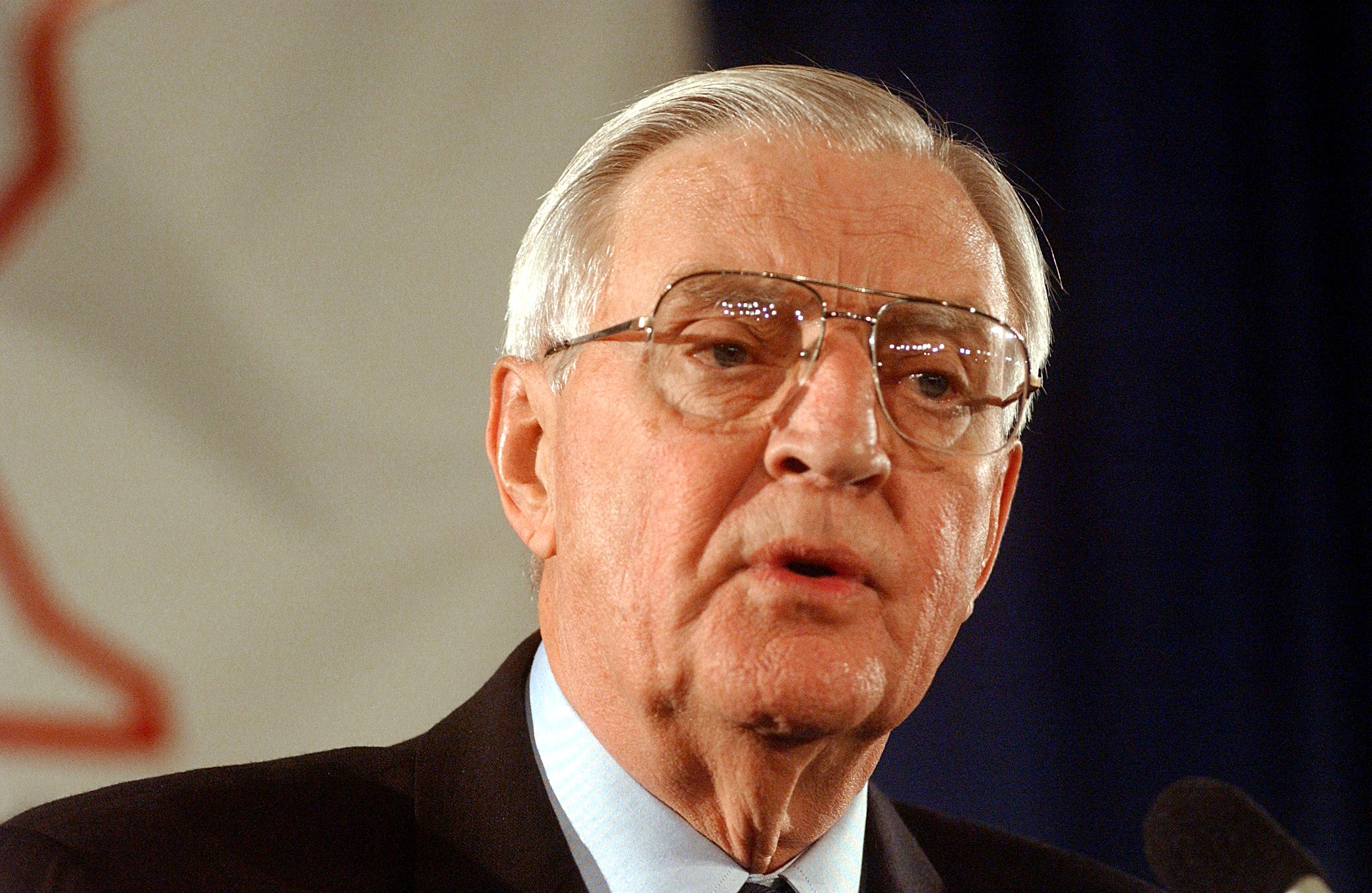 Former vice president and Democratic senate candidate Walter Mondale addresses supporters at election night headquarters Nov. 5, 2002 at the Radison Riverfront in St. Paul, Minnesota. (CRAIG LASSIG/AFP via Getty Images)