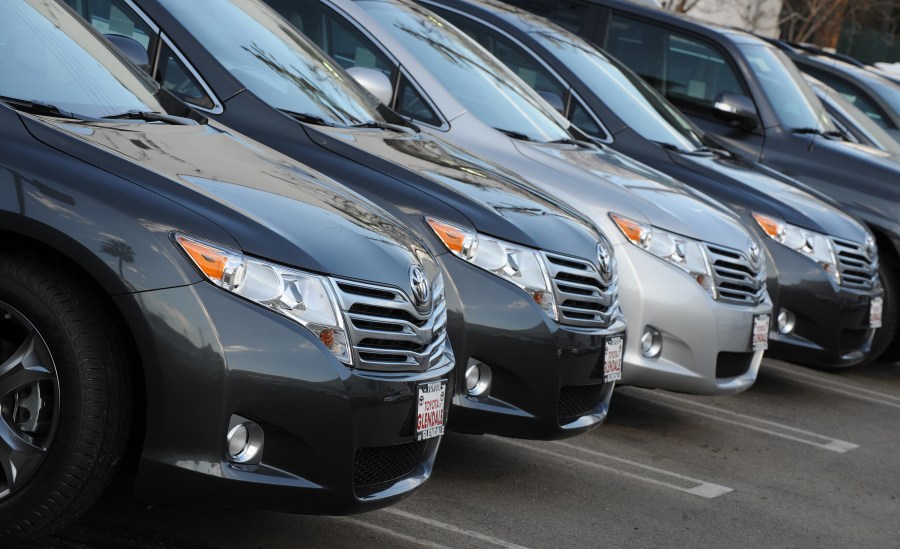 Toyota cars for sale at a Toyota dealer in Los Angeles on January 27, 2010. (MARK RALSTON/AFP via Getty Images)