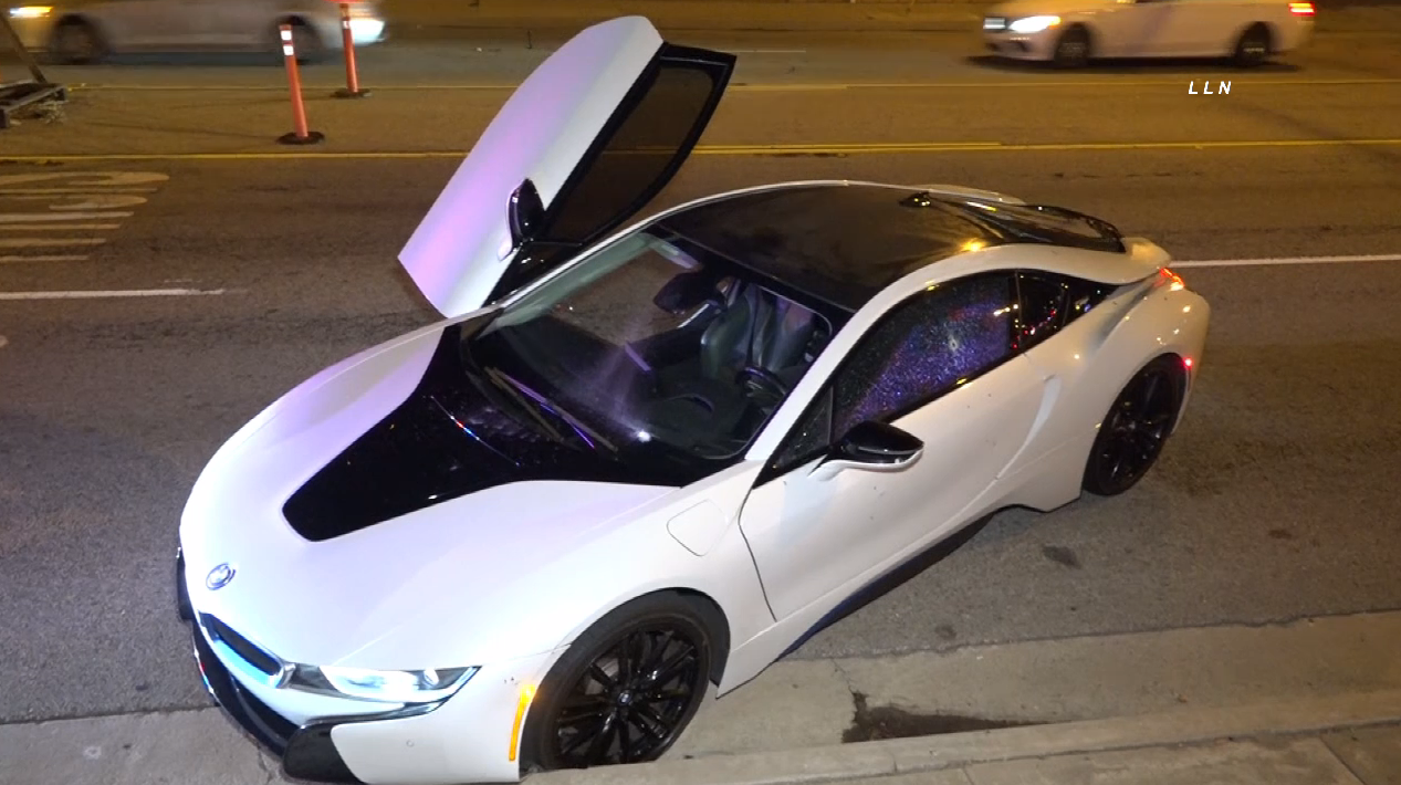 A damaged car found at the site of a fatal shooting investigation in Rowland Heights on April 11, 2021. (Loudlabs)