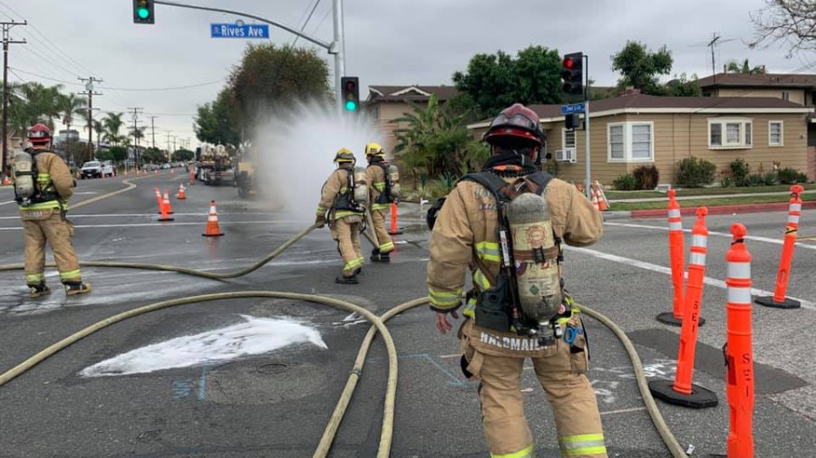 Crews respond to a natural gas leak in Downey on April 22, 2021, in a photo released by the Downey Fire Department.