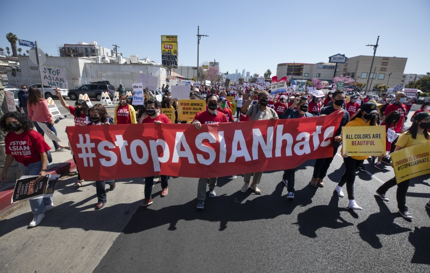 Hundreds participated in a “Stop Asian Hate” rally in Koreatown in March 2021.(Myung J. Chun / Los Angeles Times)