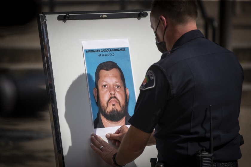 Aminadab Gaxiola Gonzalez photo is displayed during a news conference on April 1, 2021. (Allen J. Schaben / Los Angeles Times)