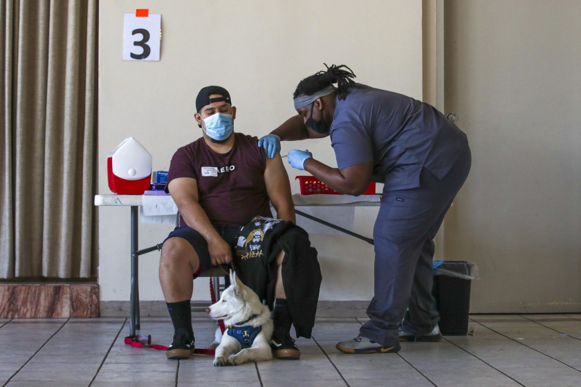 Joel Jurez holds his dog, Yuki, as medical assistant Adrian Davis administers a COVID-19 vaccine at a clinic at St. Patrick’s Catholic Church on Friday in Los Angeles.(Irfan Khan / Los Angeles Times)