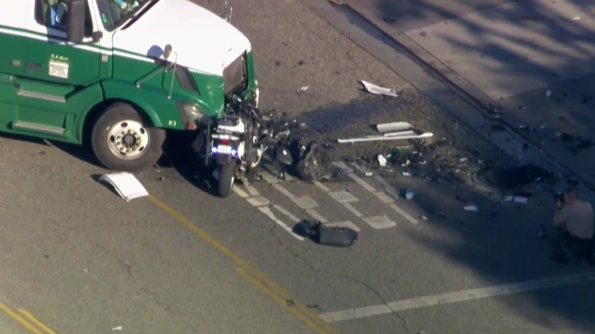 A deputy was injured in a crash with a big rig in Santa Clarita on April 28, 2021. (KTLA)