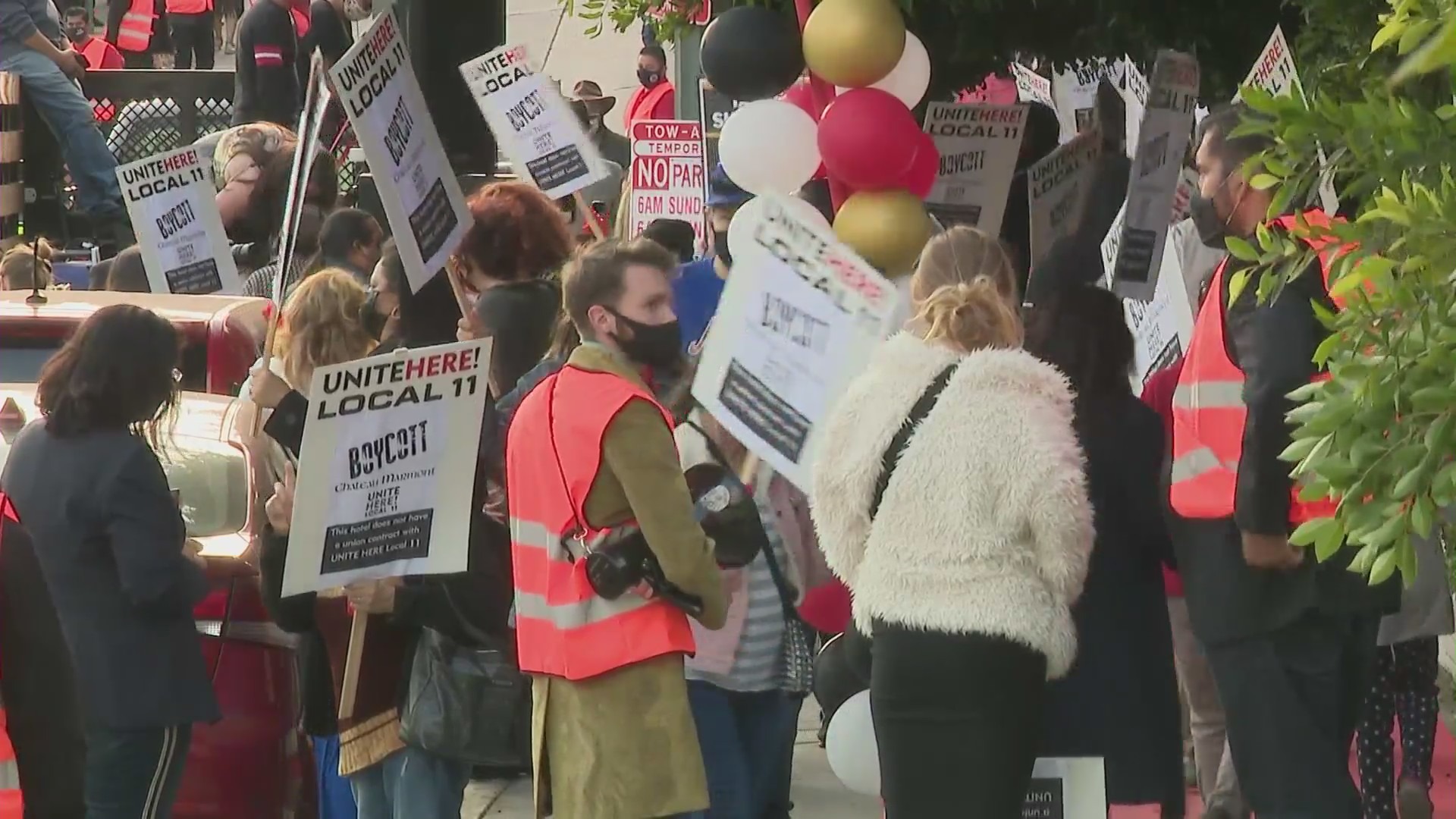 Dozens of former employees of Chateau Marmont staged a protest outside the famed Hollywood hotel on April 23, 2021, ahead of Oscars weekend. (KTLA)