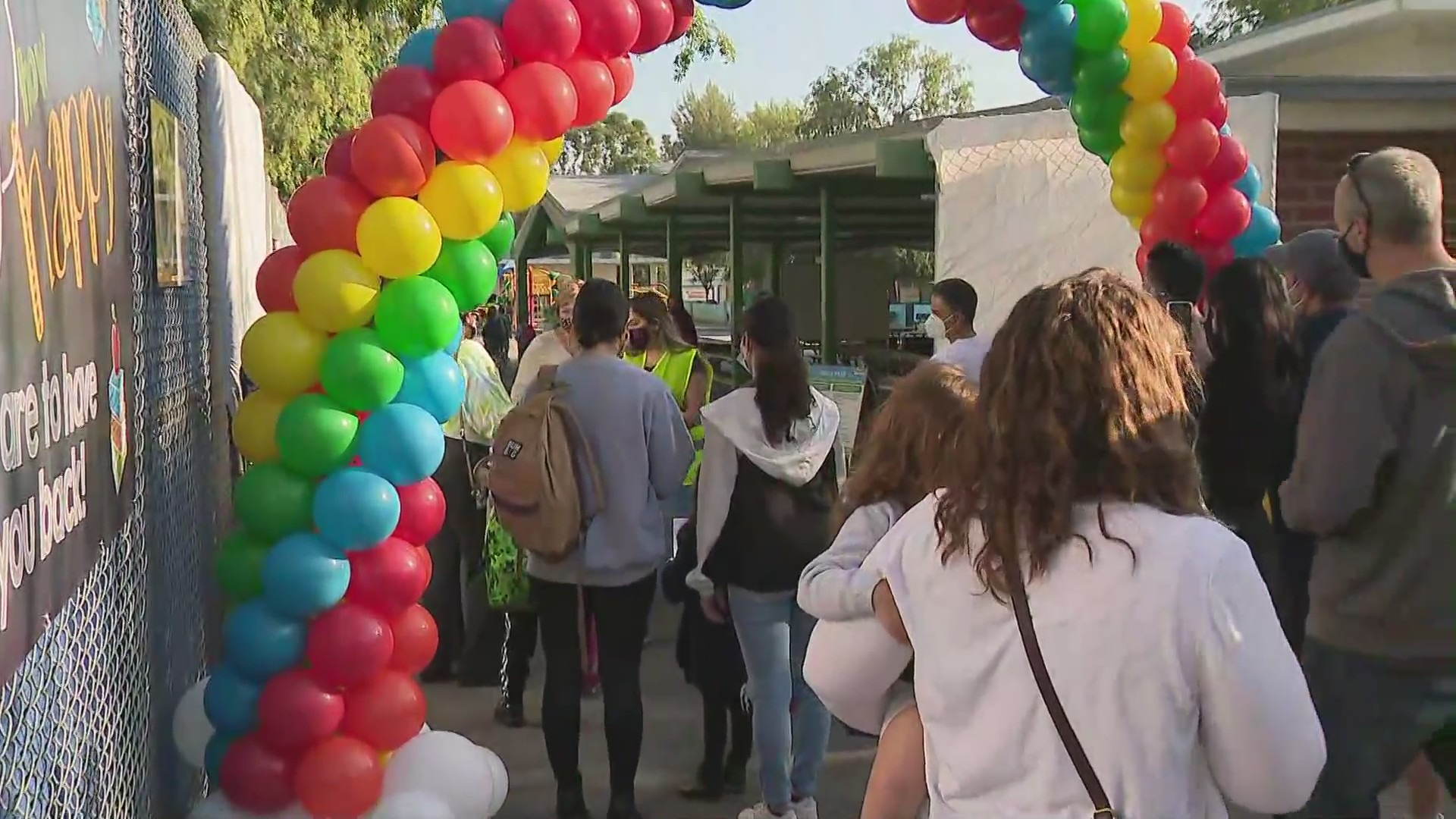 Parents and students arrive for the first day of classes at Encino Charter Elementary School on April 20, 2021. (KTLA)