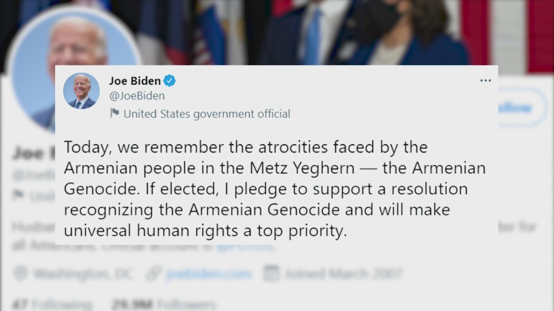 Joe Biden tweeted his pledge to recognize the Armenian genocide while campaigning for president in 2020.