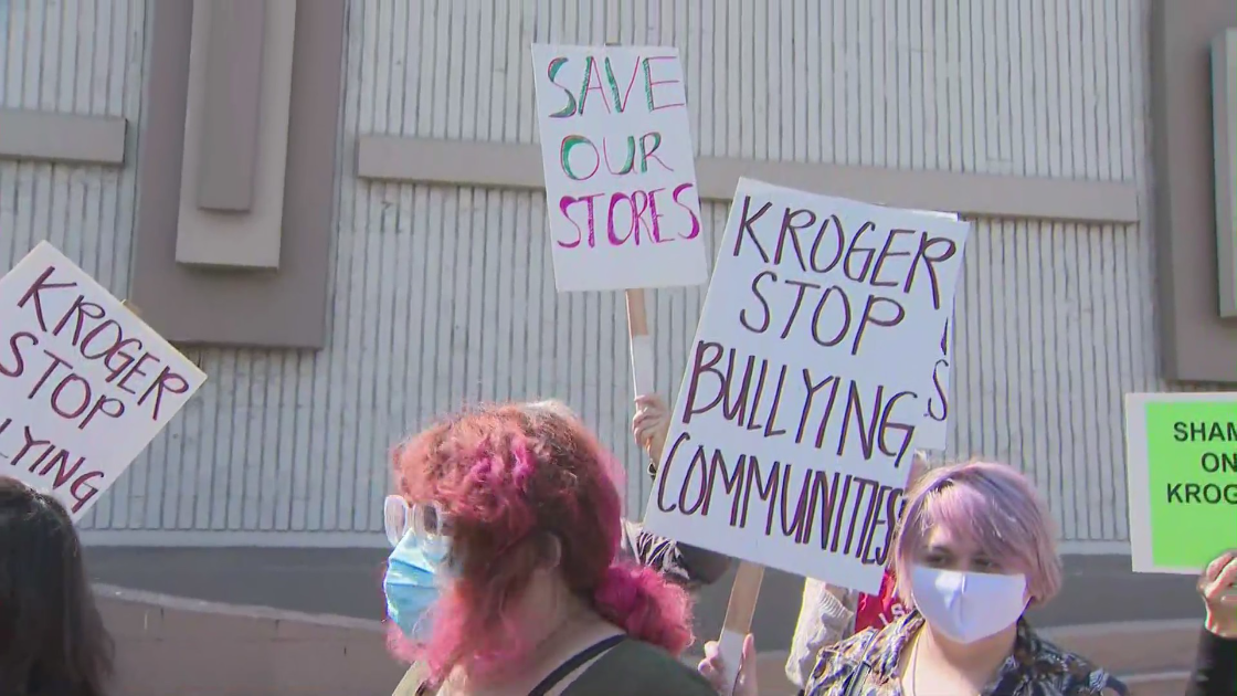 Grocery workers and their supporters protested against the expected May closure of a Food 4 Less store in May on April 8, 2021. (KTLA)