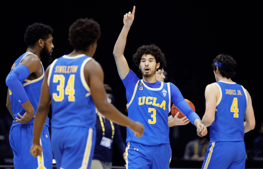 UCLA’s Johnny Juzang, the breakout star of the Bruins’ Final Four run, gestures during Saturday’s loss to Gonzaga. Will he be back with the Bruins for the 2021-22 season?(Tim Nwachukwu / Getty Images)