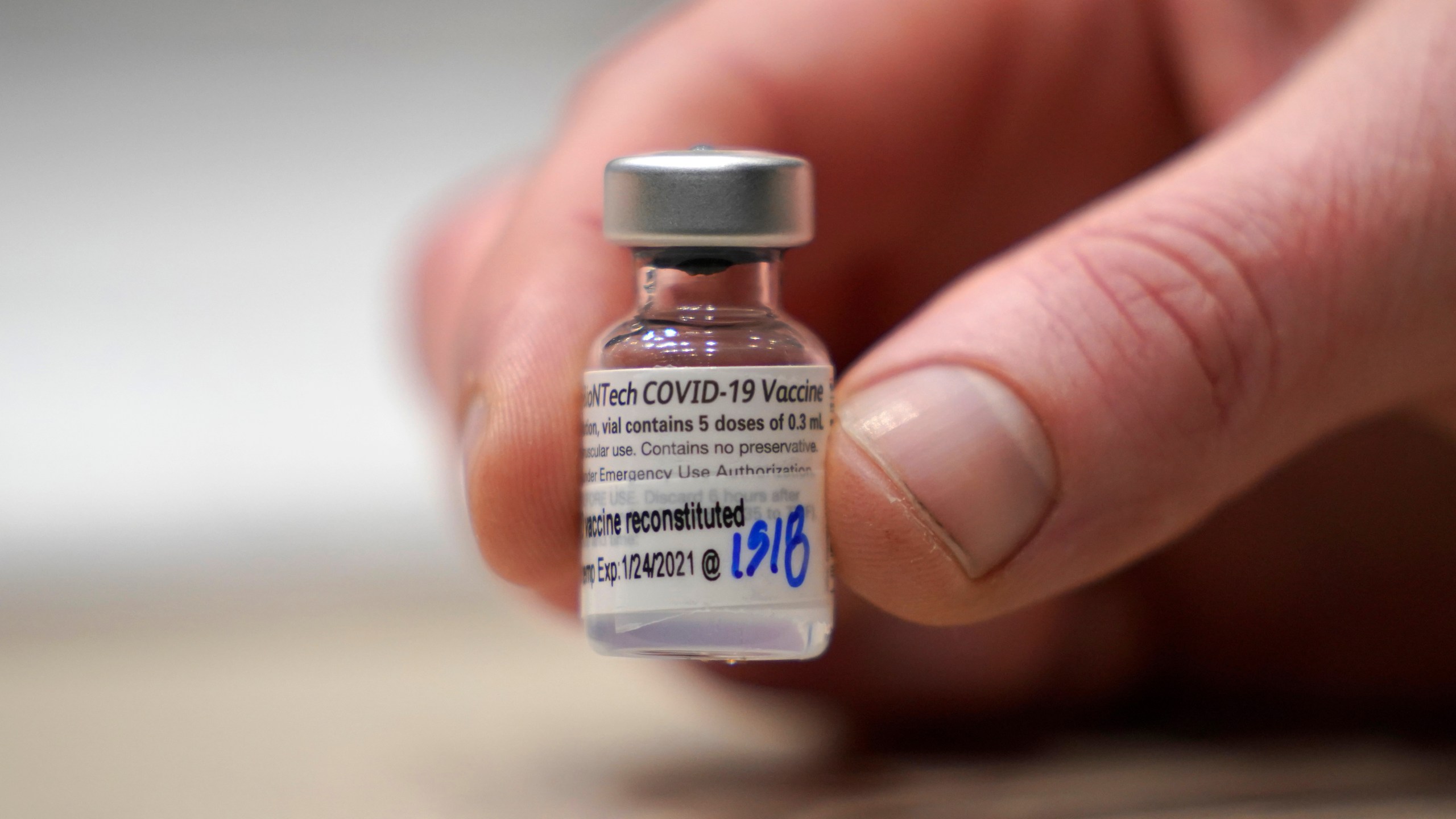 This Jan. 24, 2021, file photo shows a vial of the Pfizer vaccine for COVID-19 in Seattle. (AP Photo/Ted S. Warren, File)