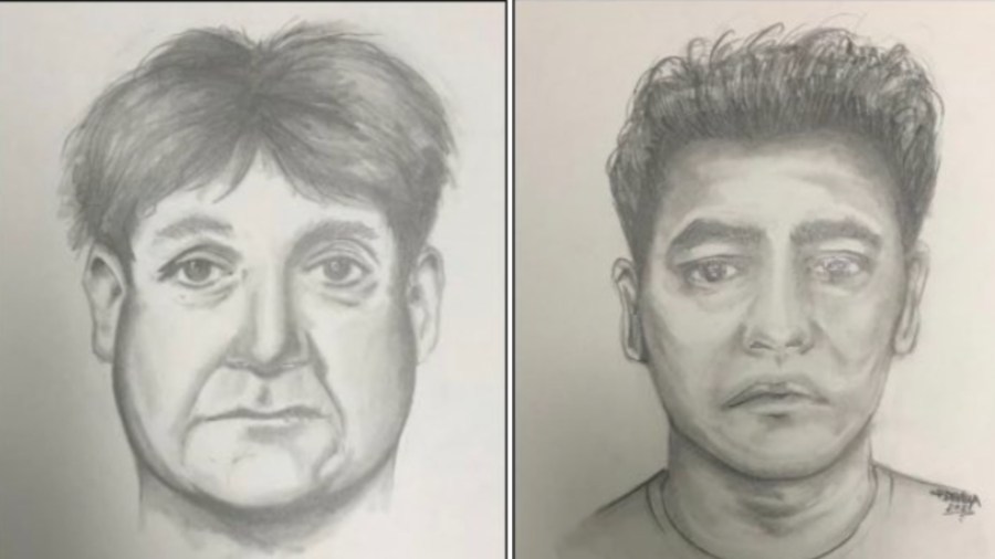 The Orange County Sheriff's Department released these sketches, seeking the public's help to identity the two men accused of following a 15-year-old girl in Rancho Santa Margarita on May 4, 2021. The driver of the vehicle is on the left and the passenger on the right.