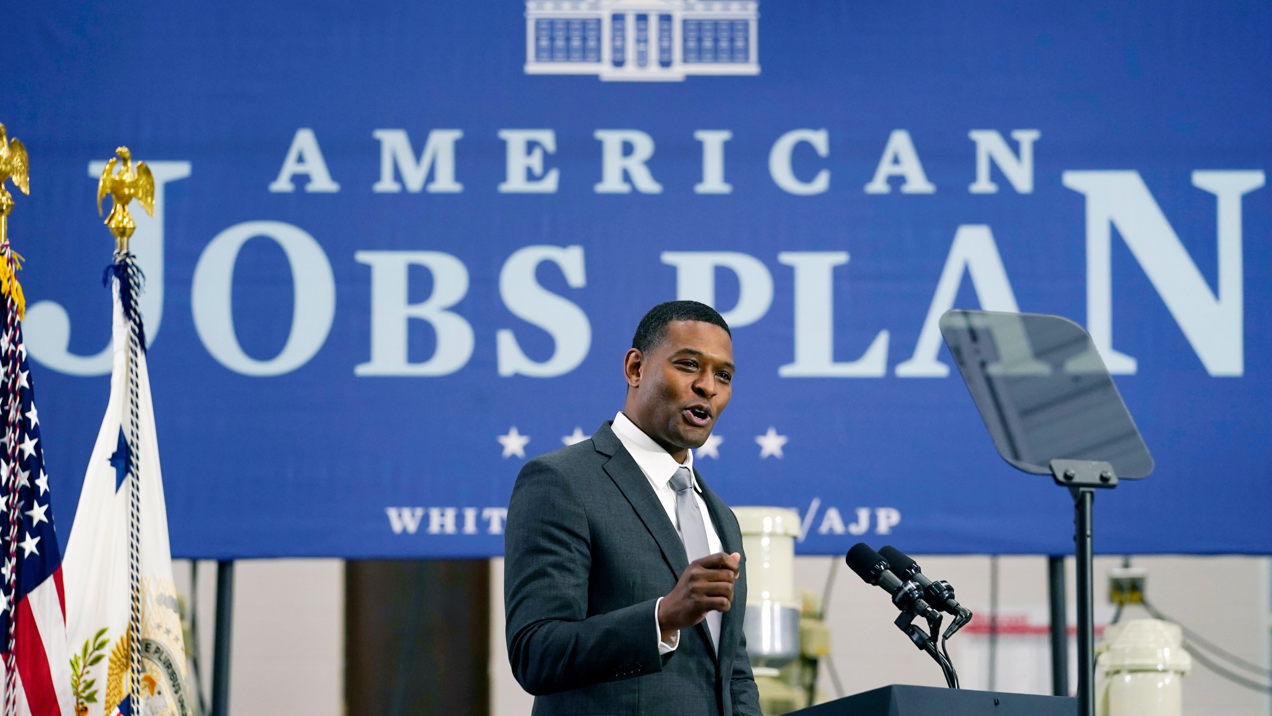 Environmental Protection Agency (EPA) Administrator Michael Regan, speaks at Guilford Technical Community College, Monday, April 19, 2021, in Jamestown, N.C., about the Biden administration's American Jobs Plan. (AP Photo/Carolyn Kaster)