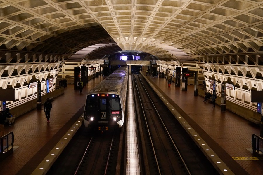 A train arrives at Metro Center station, Friday, April 23, 2021, in Washington. As President Joe Biden urges more federal spending for public transportation, transit agencies decimated by COVID-19 are struggling with a new uncertainty: how to win passengers back. (AP Photo/Patrick Semansky)