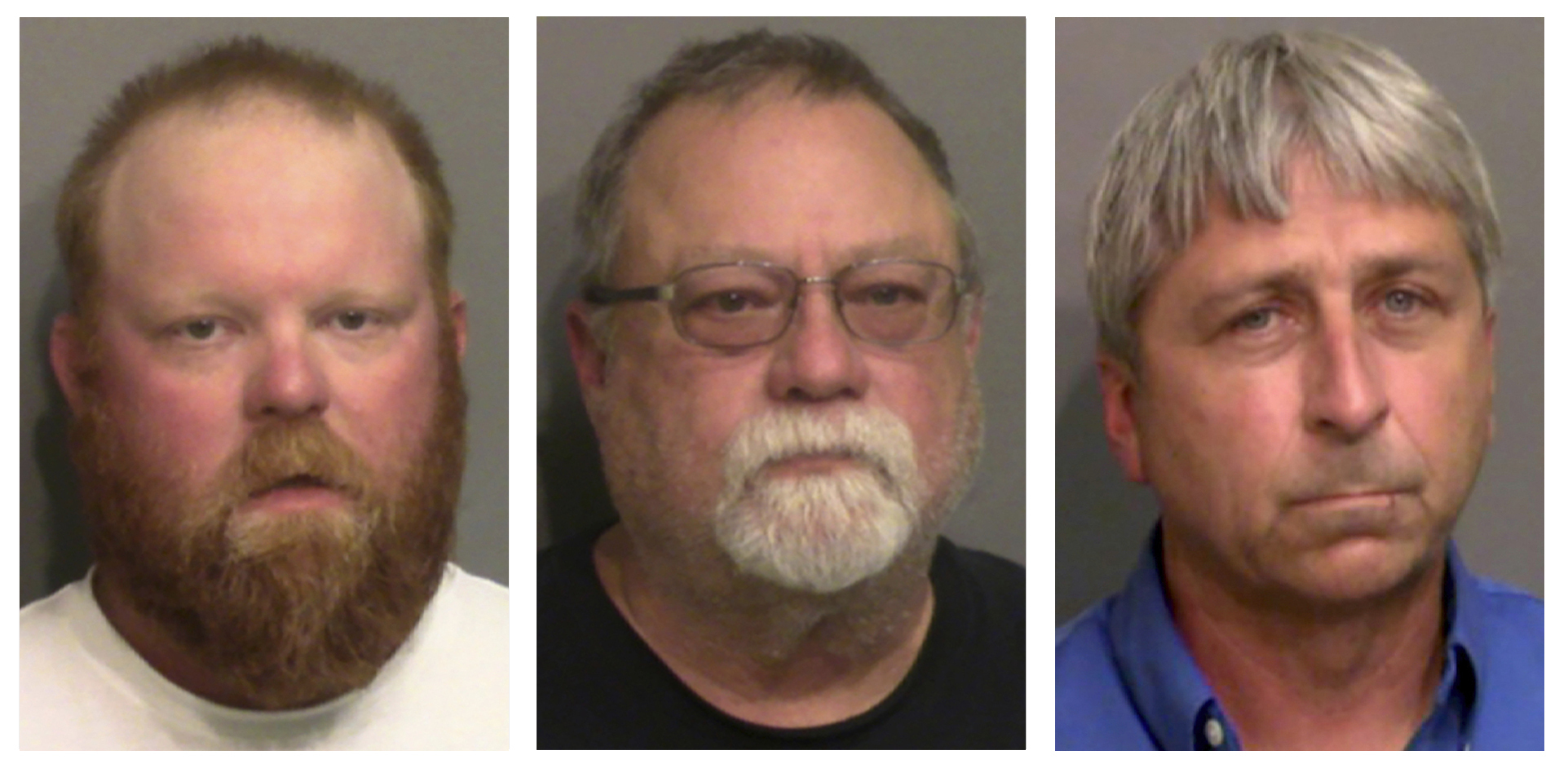 This combo of booking photos shows from left, Travis McMichael, his father Gregory McMichael, and William "Roddie" Bryan Jr. The Justice Department announced federal hate crime charges against the three men on April 28,2021, in the death of Ahmaud Arbery, a Georgia man who was killed while out for a run last year. (Glynn County Detention Center via AP)