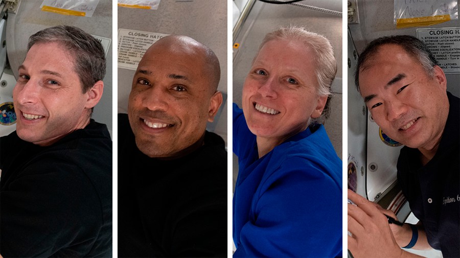 This photo combination provided by NASA shows from left, Expedition 64 Flight Engineers and SpaceX Crew-1 members Michael Hopkins, Victor Glover, Shannon Walker and Soichi Noguchi. SpaceX is targeting the predawn hours of Sunday, May 2, to bring back three NASA astronauts and one from Japan, after dangerously high wind scuttled a pair of earlier attempts. (NASA via AP)