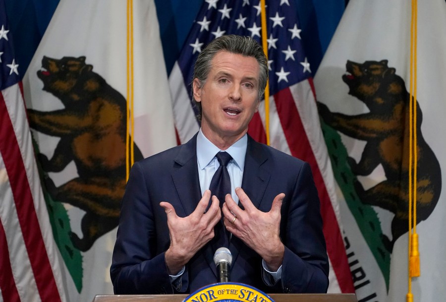 In this Jan. 8, 2021, file photo, California Gov. Gavin Newsom outlines his 2021-2022 state budget proposal during a news conference in Sacramento, Calif. The California Democratic Party is gathering for its annual convention on the heels of a recall against Newsom reaching the signature threshold to qualify for the ballot. (AP Photo/Rich Pedroncelli, Pool, File)